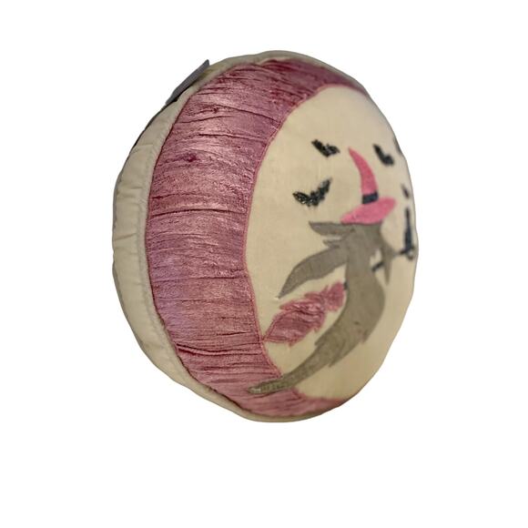 RACHEL ZOE Halloween Flying Witch Pink Moon Round Toss Beaded Pillow 16x6 New - Picture 8 of 10